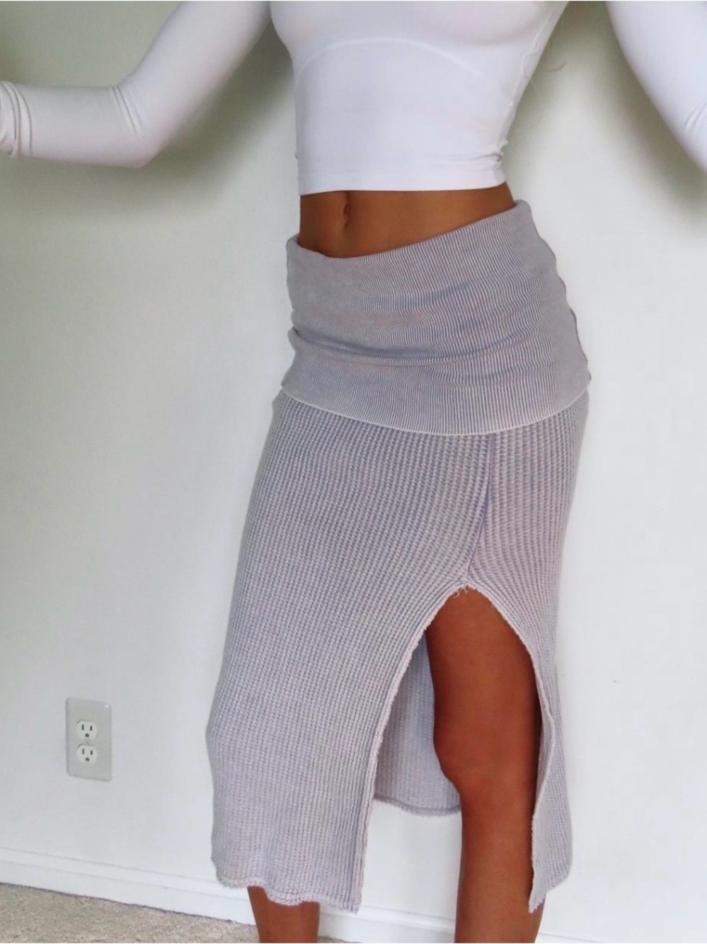 Free People Ribbed Fold-Over Waist Midi Skirt in Light Gray